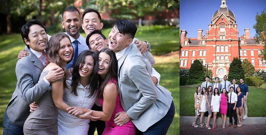 Group graduation portraits in front of the Hopkins dome